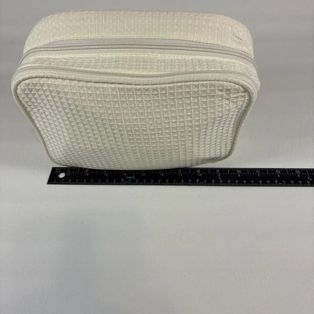 Terry Town Waffle Weave Cosmetic Makeup Travel Bag Double Zip Cream Cotton Blend